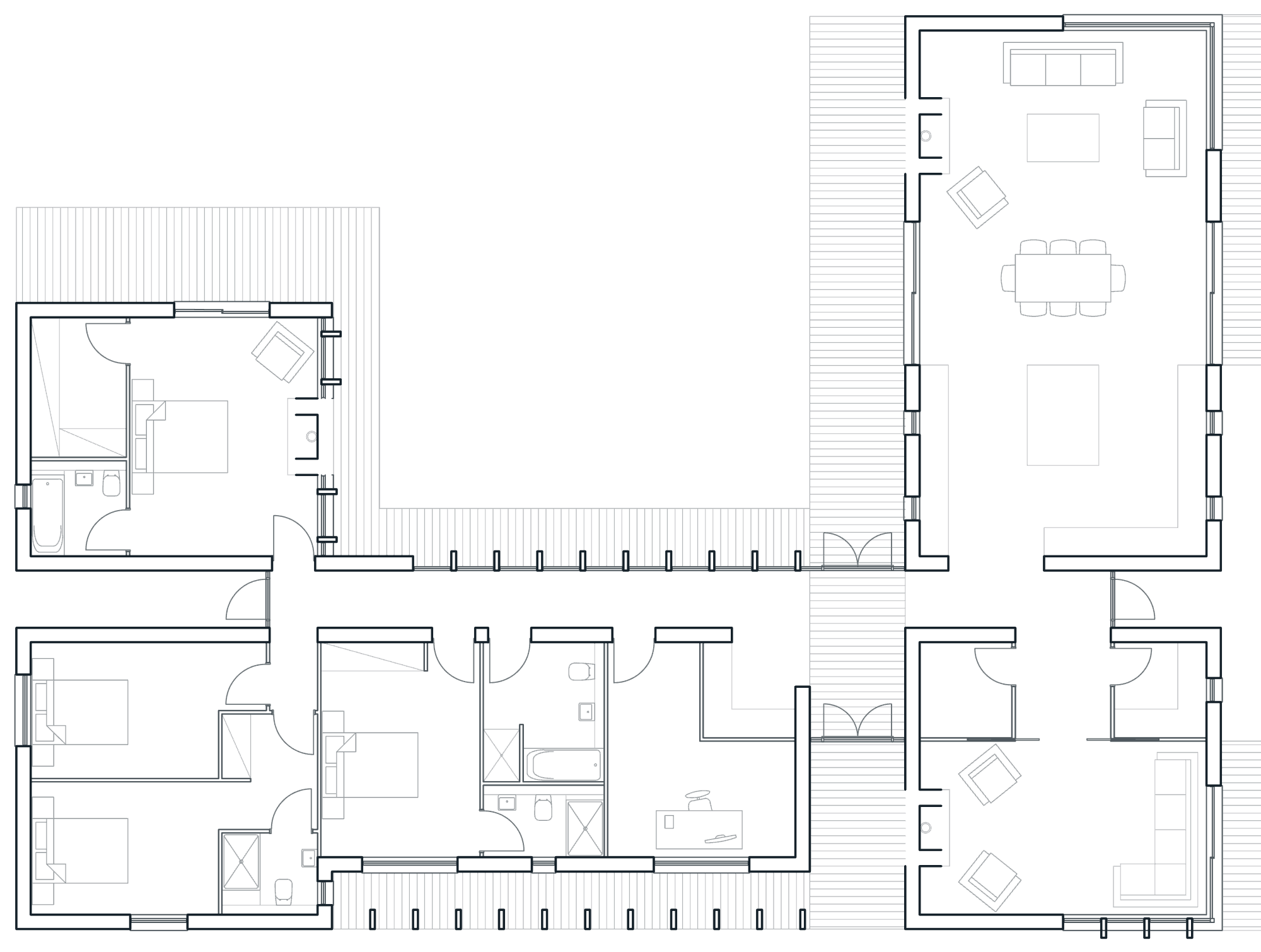 Consented floor plan of the house at Hatton: a single storey U shaped plan with four bedrooms and bathrooms in the lower and left wings, an open plan living, dining and kitchen space in the right hand wing, and a glazed walkway with regular mullions linking them around a courtyard