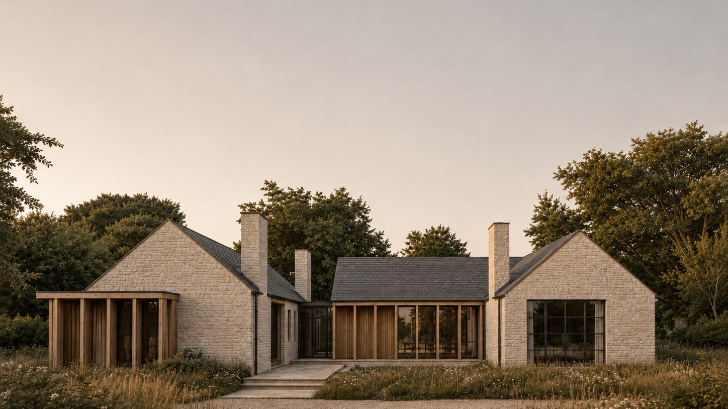 Visualisation of the consented house at Hatton: a single storey stone house with two gable ends and a lower glazed link between them, standing in a wildflower meadow behind a gravel drive