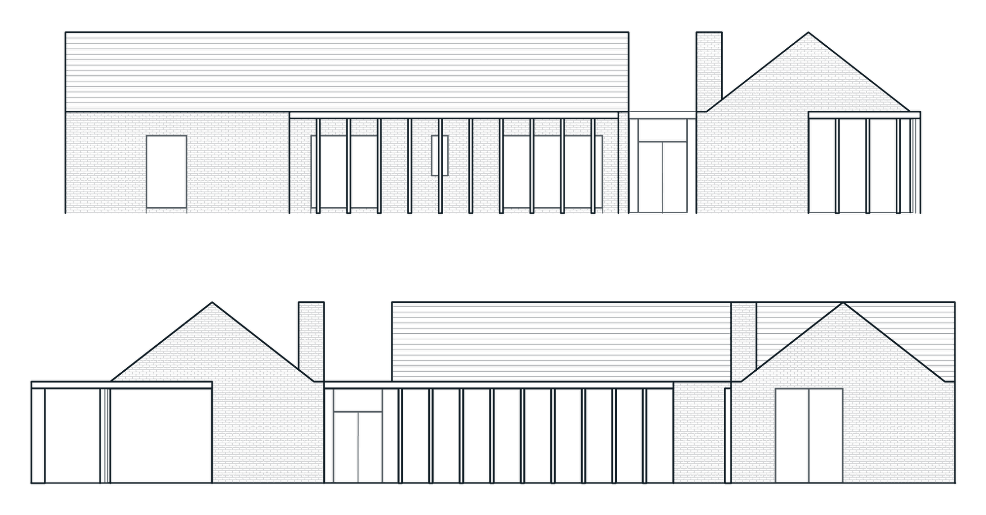 Consented front and rear elevations of the house at Hatton, drawn one above the other: single storey stone walls with fine coursing, a pitched gable at each end, a lower flat roofed volume between them, a chimney, and long runs of glazing divided by regular vertical posts