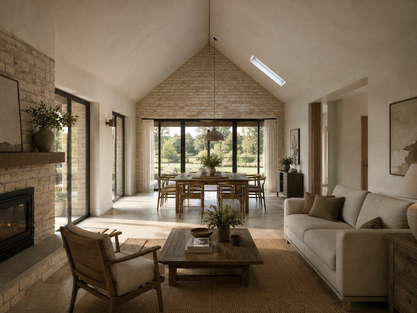 Visualisation of the open plan living and dining space: a room open to the ridge with pale plastered slopes, a coursed stone gable wall, a full width glazed opening onto trees and a paddock, a dining table in front of it and a fireplace to the left