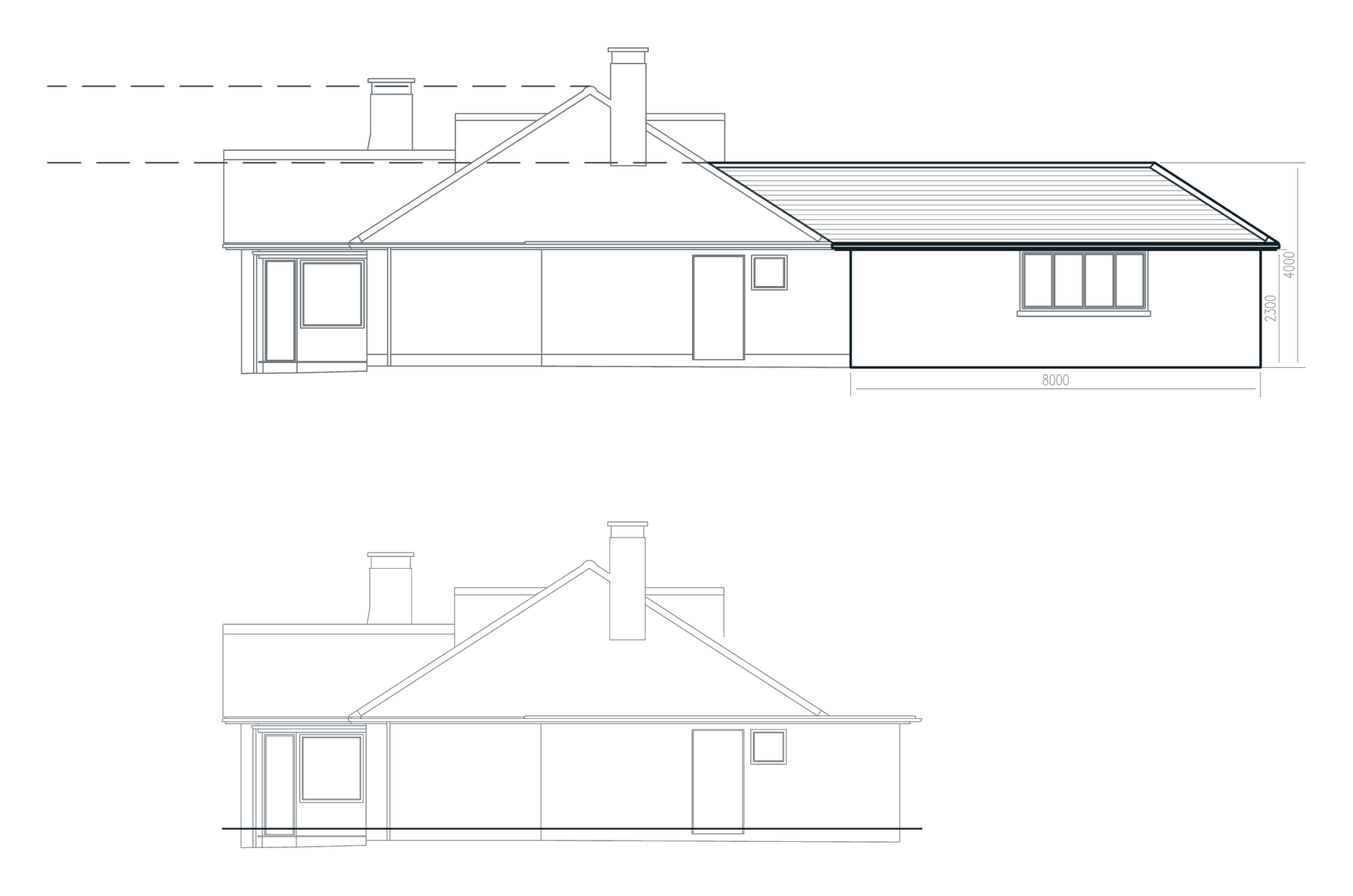 Two elevations of the 1950s bungalow drawn one above the other at the same scale. The upper one adds a single storey rear extension outlined in a heavier line, dimensioned 8000 millimetres deep, 4000 high and 2300 to the eaves, with dashed lines showing it sits below the existing ridge. The lower one shows the bungalow as it stood