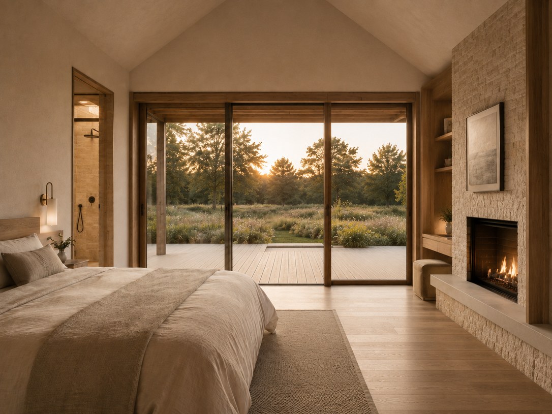 Visualisation of a bedroom in the consented house, with sliding doors the full width of the wall opening onto a deck and the meadow beyond