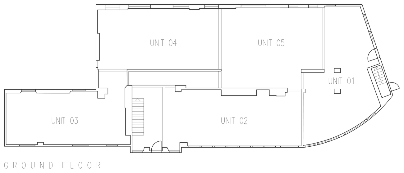 Feasibility ground floor plan of the conversion route at 37 Station Road, Chesterfield: five apartments, units 01 to 05, fitted within the irregular tapering footprint of the listed building and served off two staircases