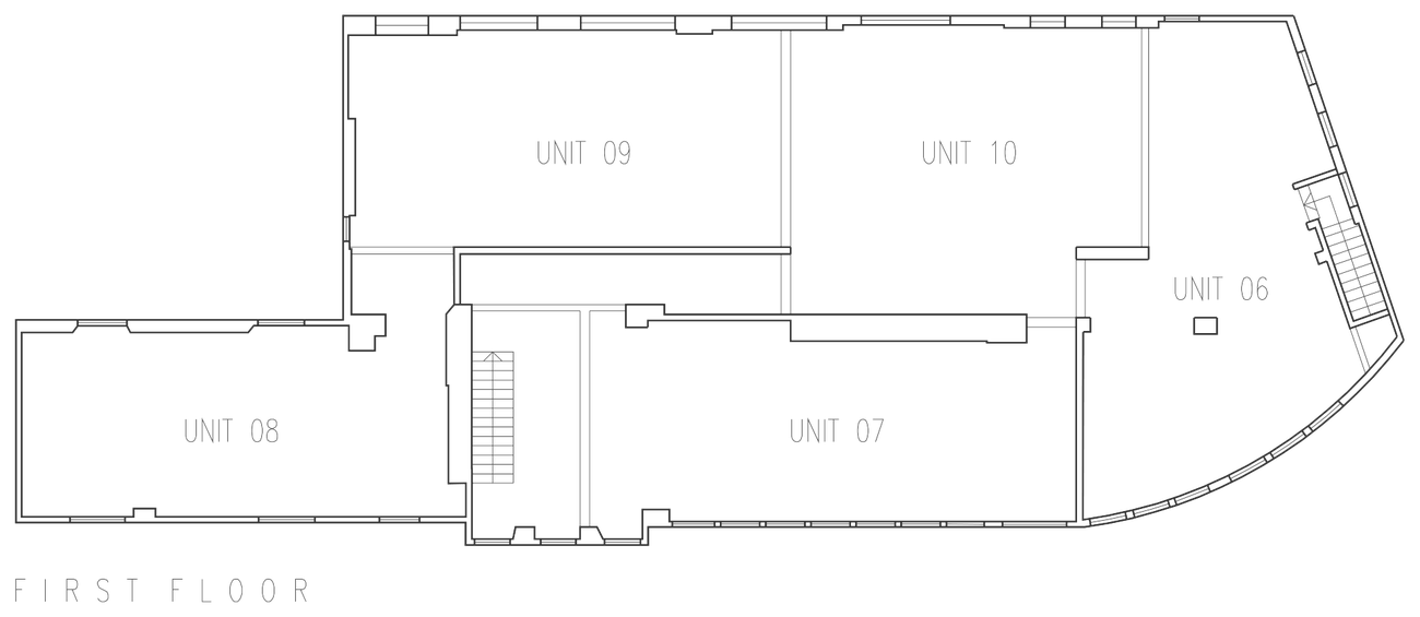 Feasibility first floor plan of the conversion route at 37 Station Road, Chesterfield: five apartments, units 06 to 10, over the ground floor and served off the same two staircases