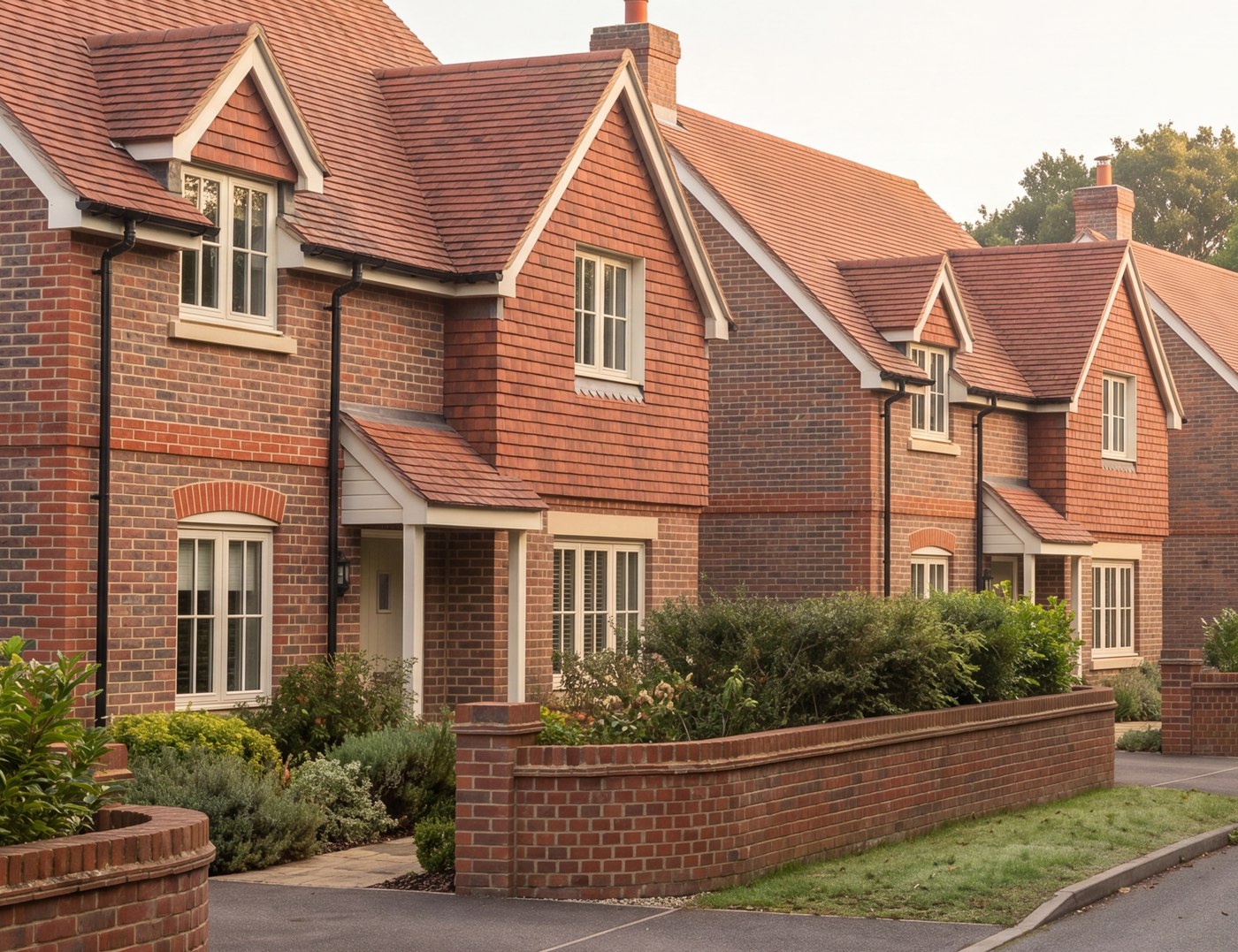 Detail of the consented scheme at Liphook: brick houses stepping back along the lane behind a low red brick boundary wall and planting, with tiled porch canopies, gabled dormers and segmental arched window heads. Computer-enhanced image.
