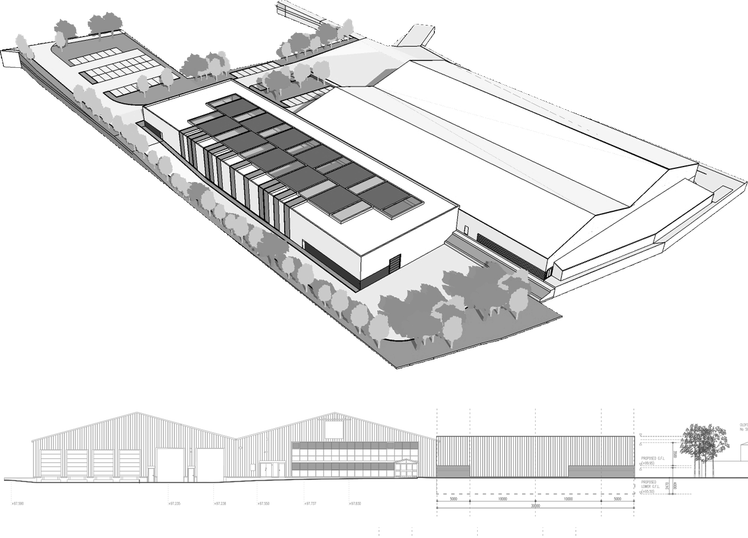 Two drawings of the Aldridge Road scheme in black and white. Above, a massing study seen from above: the new flat-roofed extension along the frontage with a banded roof of rooflights and planting, the larger existing warehouse with its pitched roof behind, parking at the top of the site and a belt of trees down the western boundary. Below, the proposed front elevation drawn as a fine line drawing: the existing warehouse at the left with its pitched spans, roller-shutter loading doors and a glazed office block, and the long flat-roofed extension at the right, dimensioned beneath, with the ground line stepping between the two floor levels