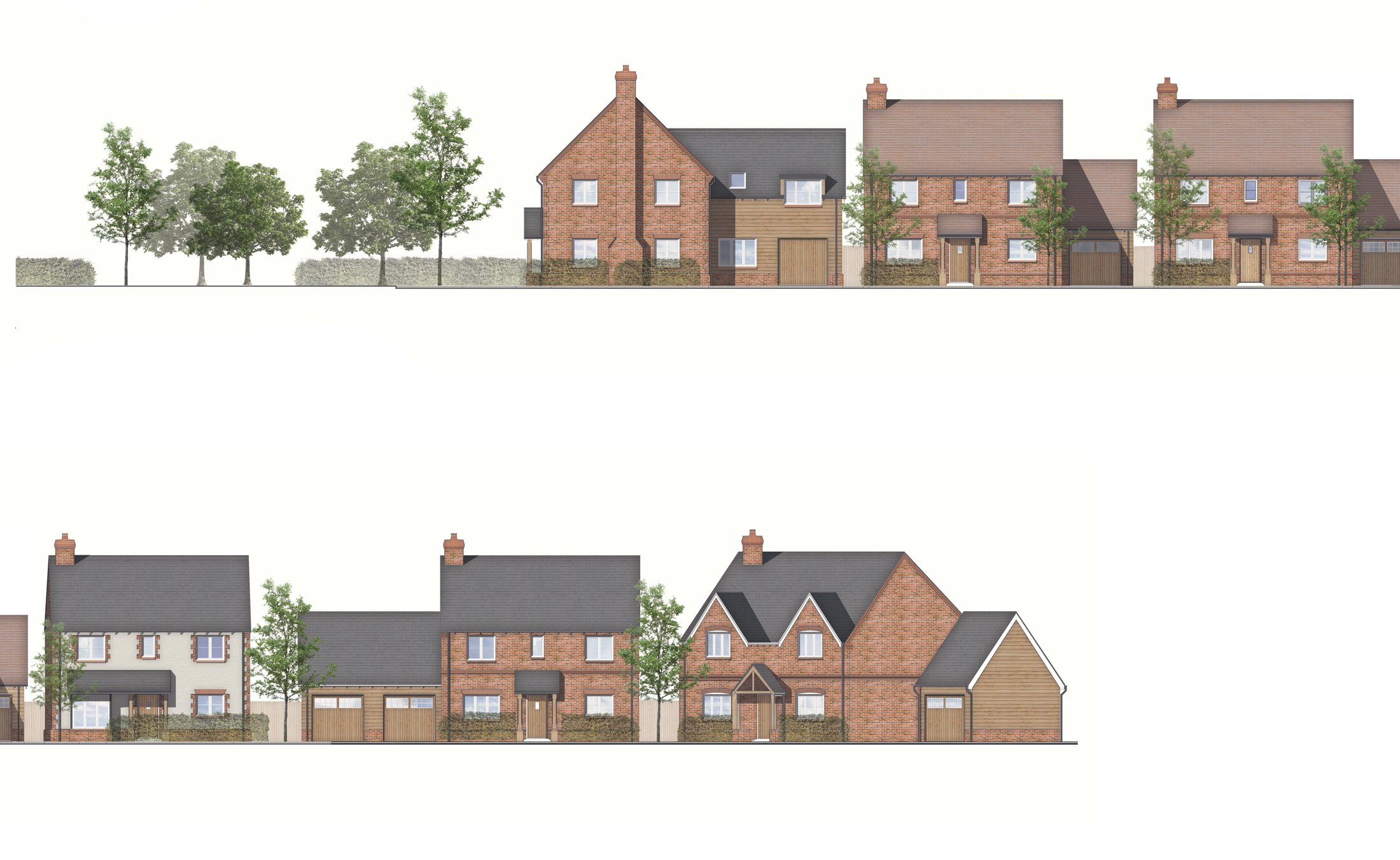 Coloured street elevation of The Laurels, Little Kimble, shown as two stacked bands: two-storey houses in red brick and painted render under slate and clay tile roofs, with brick chimneys, gabled and hipped roof forms, recessed garages, hedging and street trees along the frontage, and a run of retained trees and hedge at the start of the street