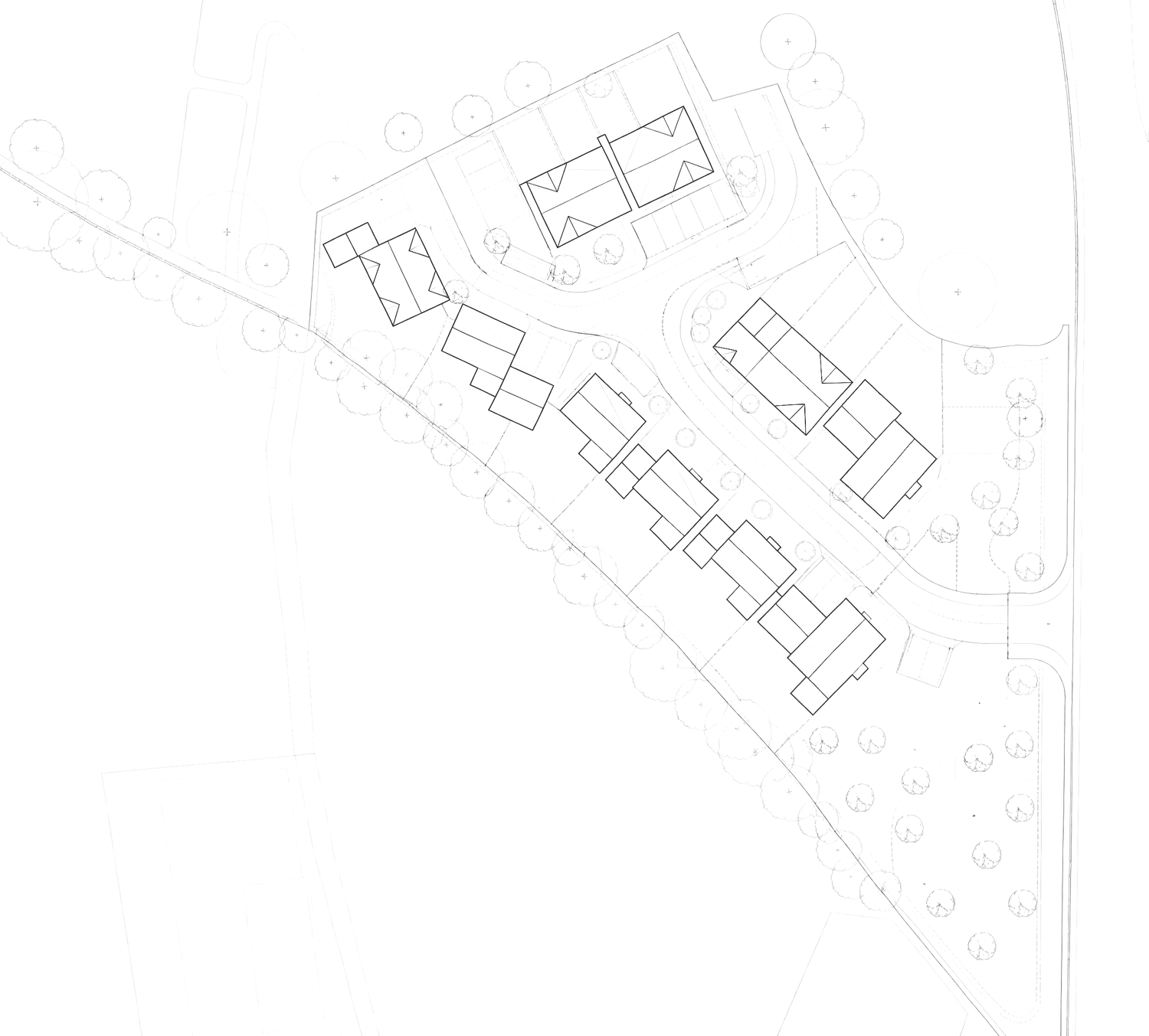 Indicative masterplan for The Laurels: 14 two-storey homes set behind a retained Marsh Road frontage hedgerow, around a single access off Marsh Road, with an open landscaped area at the southern apex and the bulk of the boundary trees kept, drawn to the Rickett Architects line style