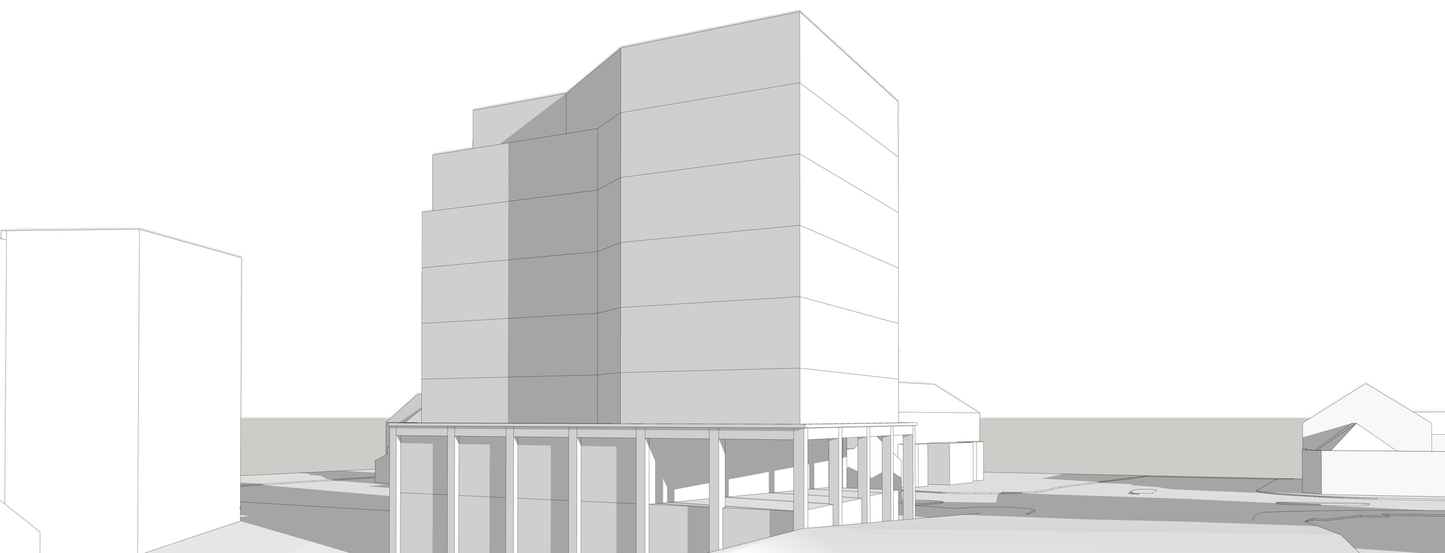 The 3D study model seen from the canal side: a stepped white massing block raised on a colonnade at canal level, with the upper floors stepping down towards the water