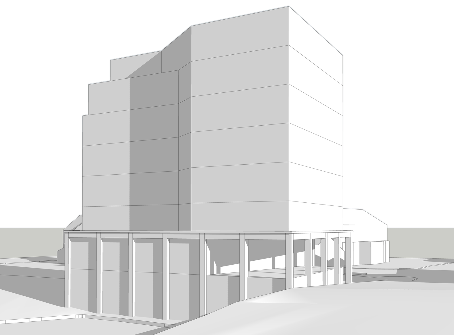 The 3D study model of the tested massing, seen from the canal, showing the stepped form on its canal-level colonnade