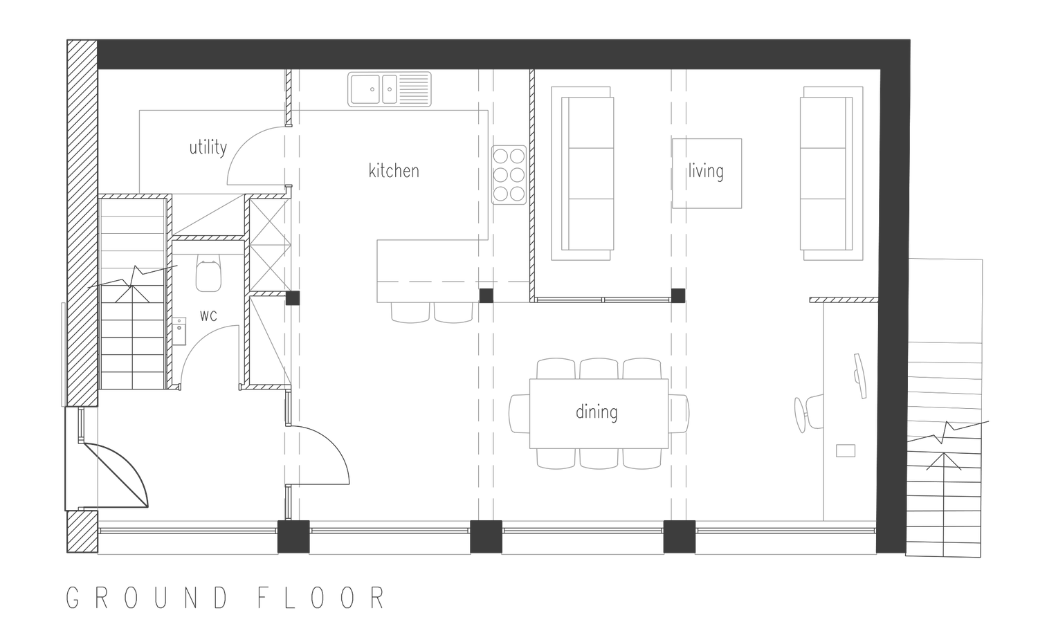 Architect's ground floor plan of the consented cart house: kitchen, dining and living in one open run behind the four glazed cart openings, with utility, WC and the new stair grouped at the far end. The perimeter walls are drawn solid as existing and only the internal partitions are new