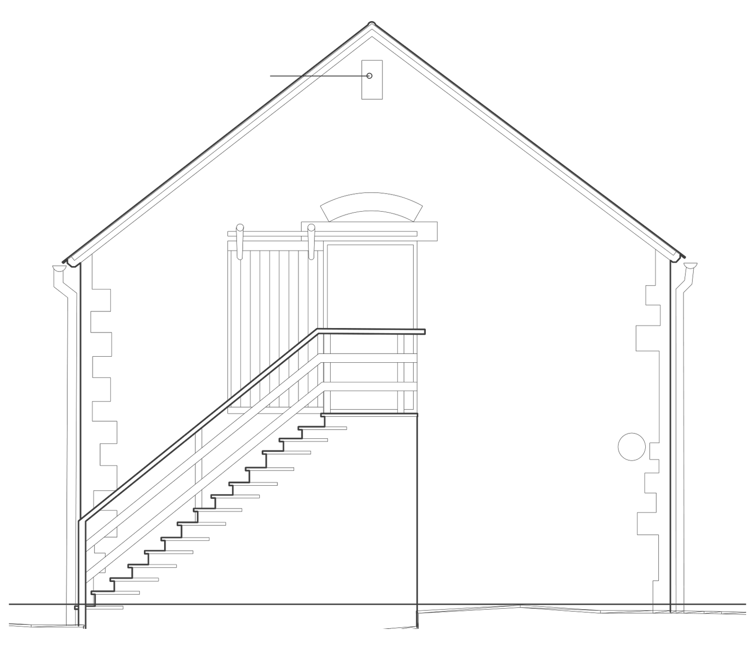 Architect's drawing of the cart house east gable as consented: the external stone stair retained against the gable, the first-floor opening it serves kept and glazed behind a sliding boarded screen, and a maternity bat box fixed below the apex