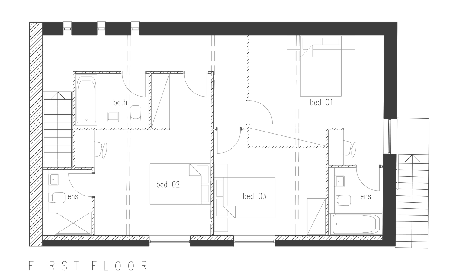Architect's first floor plan of the consented cart house: three bedrooms with a bathroom and two en suites, each bedroom using an existing opening, and the circulation running along the blind side of the building