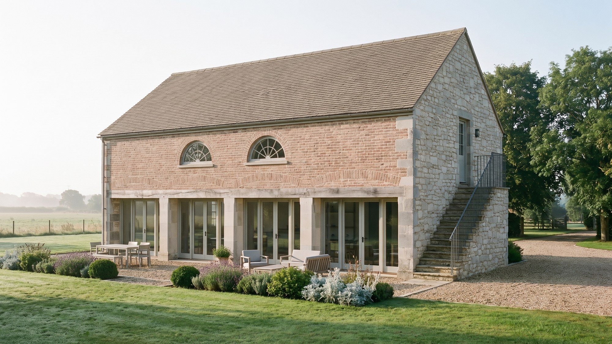 Visualisation of the consented conversion of a South Warwickshire cart house, seen from the south east on a misty morning: four cart openings kept and glazed in pale timber behind their stone piers and timber beam, two semicircular windows in the brick wall above, the external stone stair with a slim handrail against the pale limestone gable, and a gravel terrace with garden furniture outside the openings