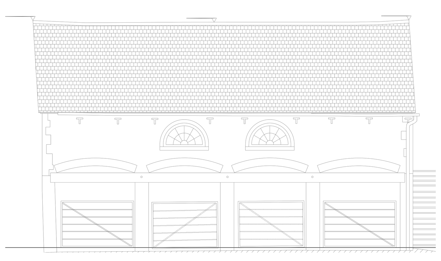 Architect's drawing of the cart house south elevation as existing: four cart openings divided by three stone piers under a single timber beam, boarded timber gates fitted across each bay, shallow brick arches over, and two semicircular windows in the wall above
