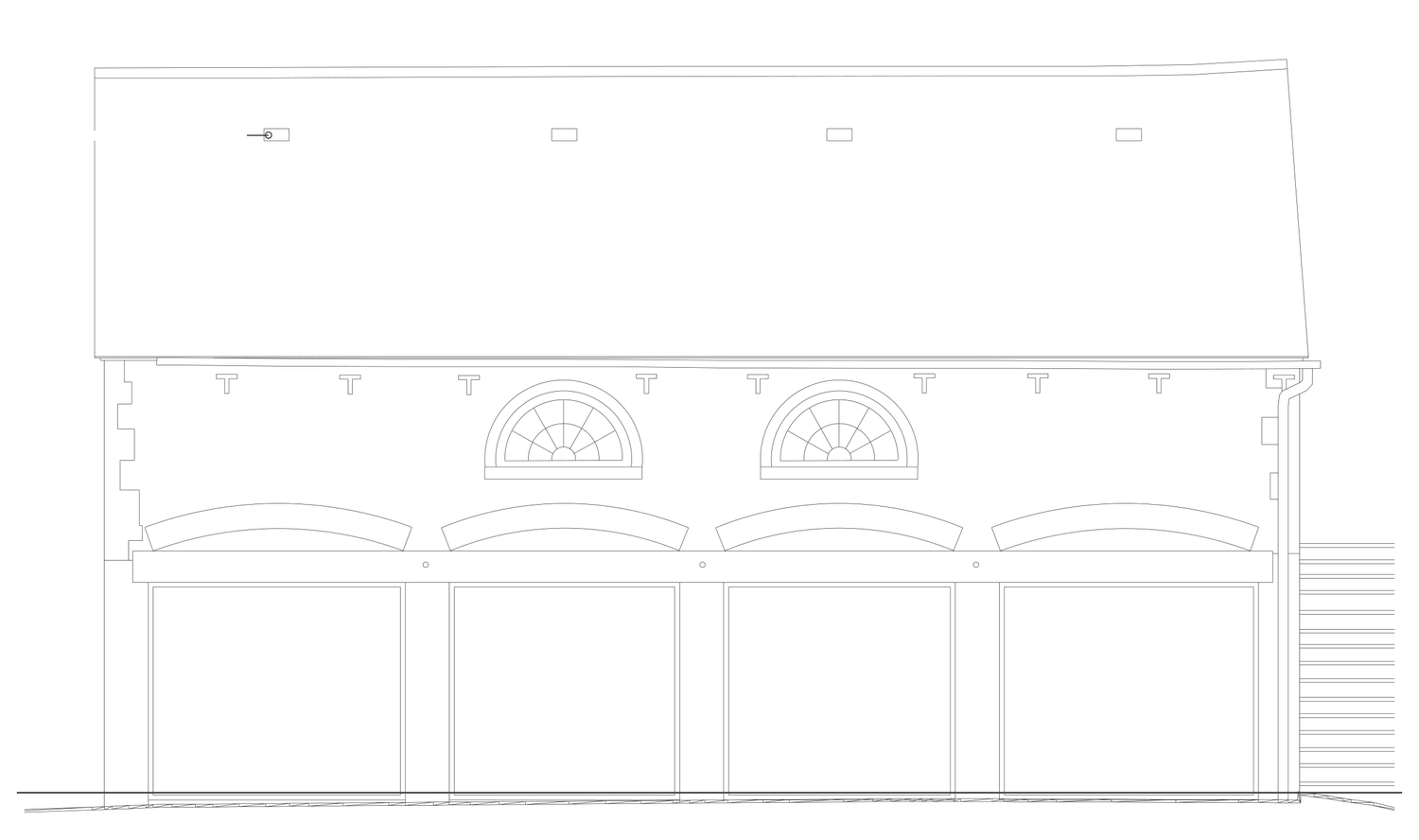 Architect's drawing of the cart house south elevation as consented: the four cart openings kept and infilled with glazing set back behind the stone piers, the timber beam and brick arches retained, the two semicircular windows unchanged, and bat access tiles set in the roof slope
