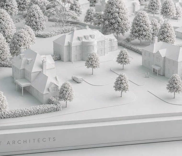 A white architectural model of the Ide Hill development near Sevenoaks, by Rickett Architects