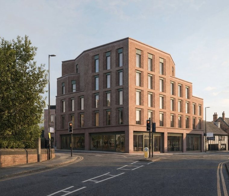 Visualisation of the tested massing on a canal-side site in Greater Manchester, by Rickett Architects
