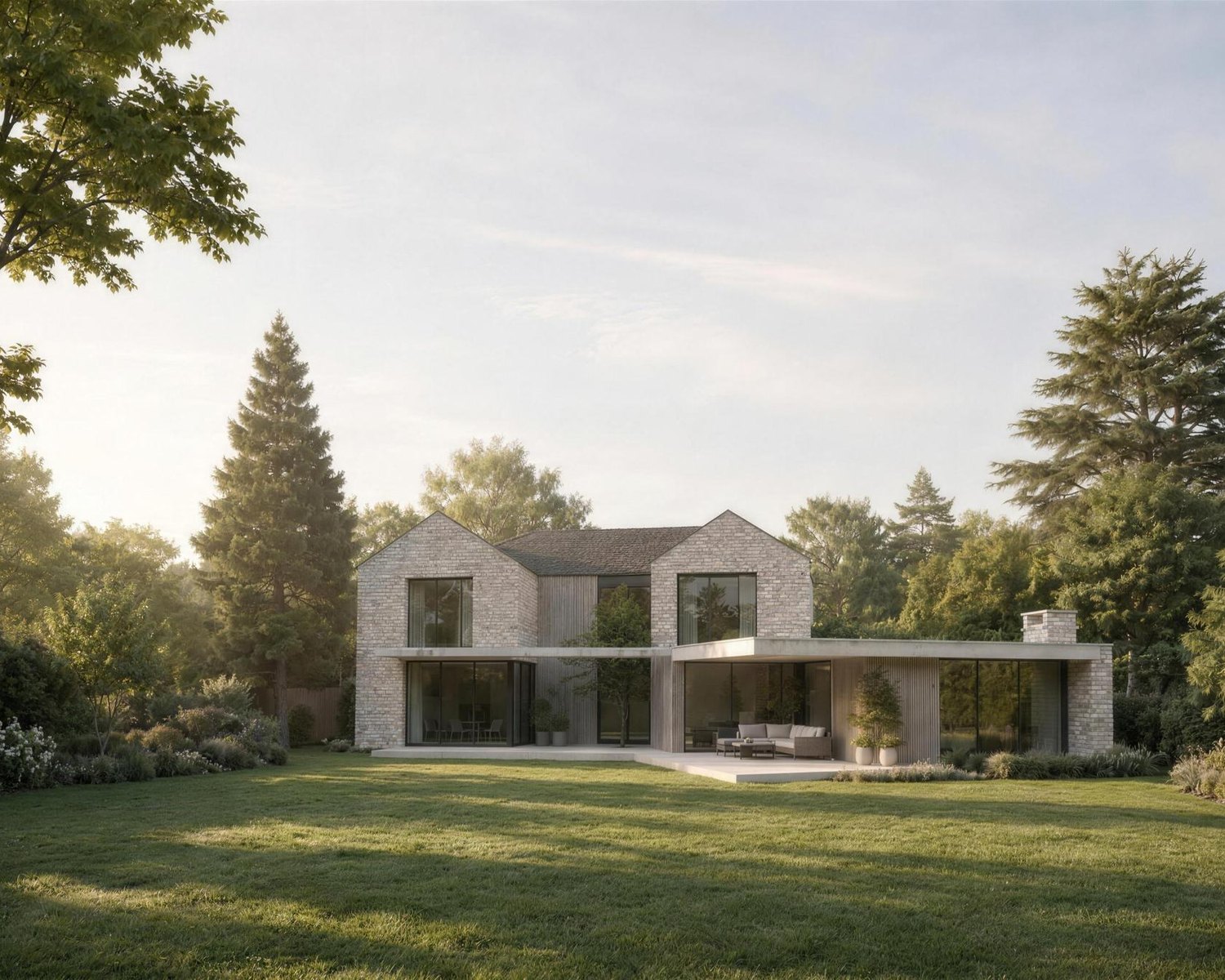 Visualisation of the consented scheme at Ashlawn Road, Rugby: a low single-storey glazed extension running the width of the garden front of a remodelled house, seen across the lawn in evening light.