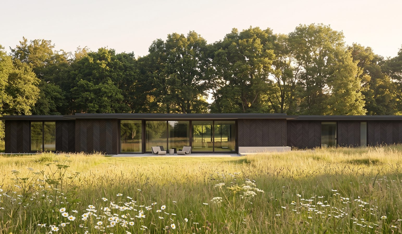 Pre-application visualisation of the Highlands Farm house from the wildflower meadow in early morning light: bands of full-height glazing between solid charred-timber volumes beneath mature trees, with two low sculptural loungers on the stone terrace