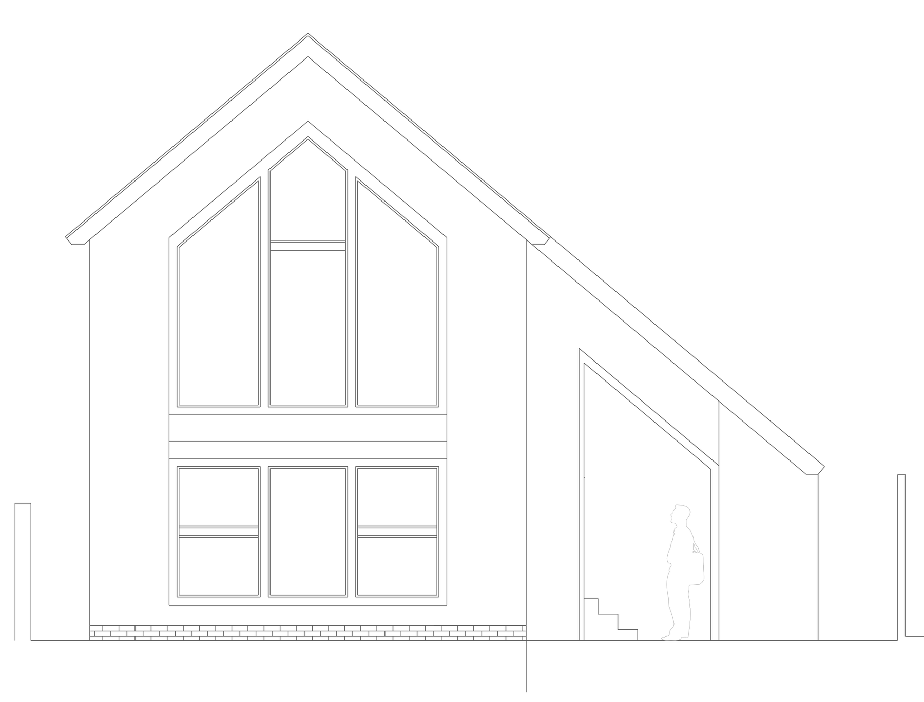 Proposed south-east elevation of the new house at The Woods: a steeply pitched gable with a full-height glazed gable window divided by glazing bars, a band of windows below it, a brick plinth course at the base, and a lower catslide roof running down to an entrance link at the right, with its glazed entrance opening, entry steps and a scale figure drawn within it