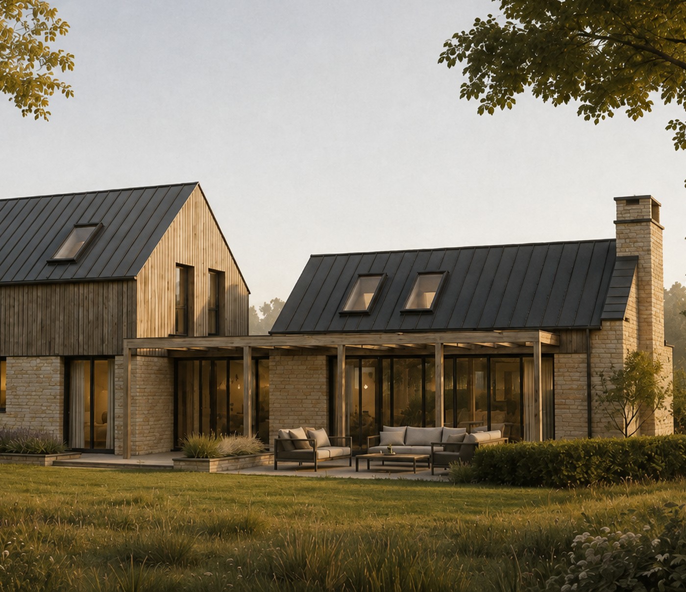 The garden side of the smaller proposed house at Timbercombe Lane in low evening light: a timber-clad gable beside a stone range under standing-seam zinc roofs, a covered terrace with seating running along the glazed garden front, and a tall stone chimney at the right, seen across rough meadow grass. An artistic impression of a scheme that has not been built.
