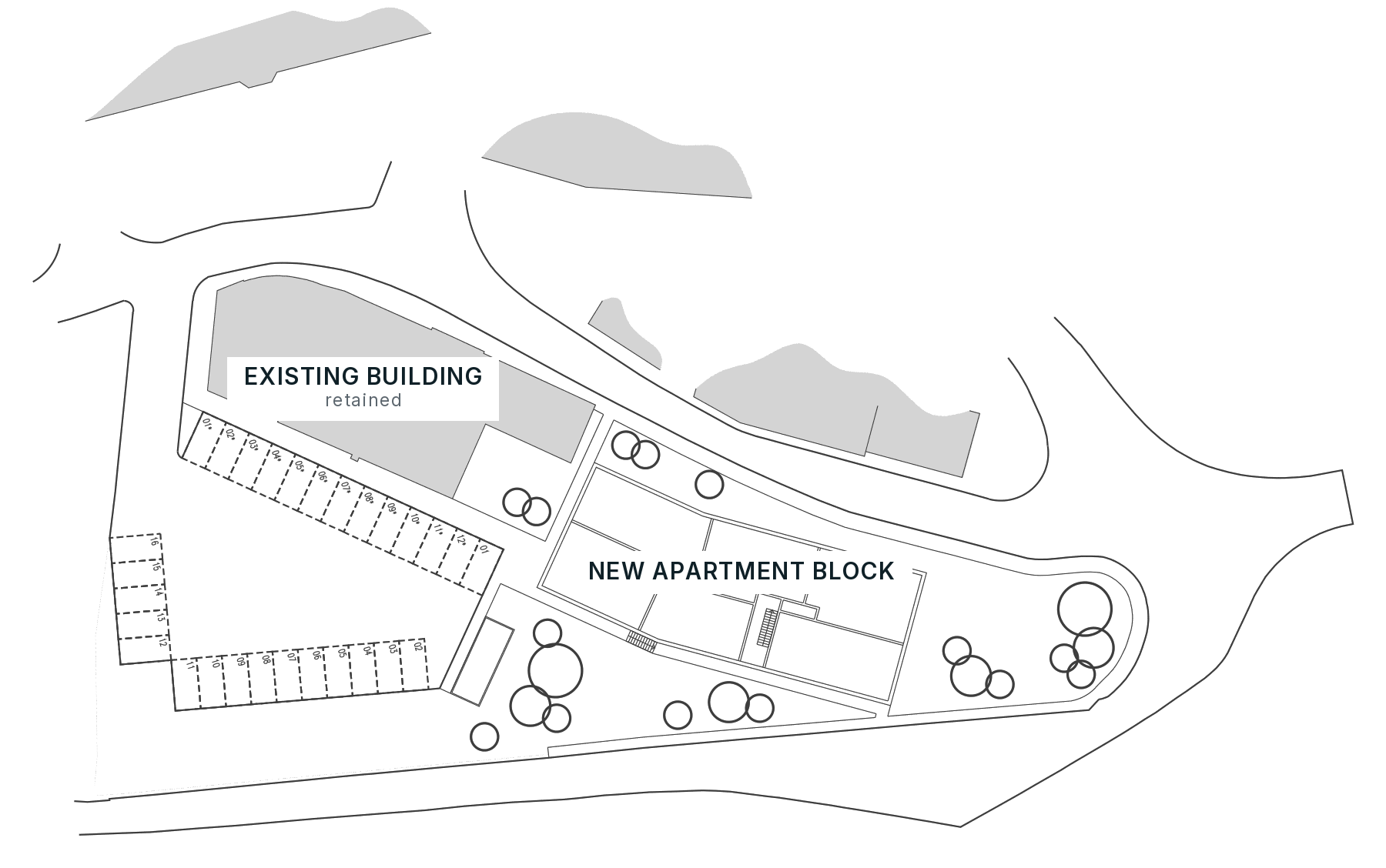 Feasibility site plan of the new-build route at 37 Station Road, Chesterfield: the existing listed building retained in grey at the Station Road frontage, with a new apartment block on the cleared land behind it and parking bays worked into the sloping plot