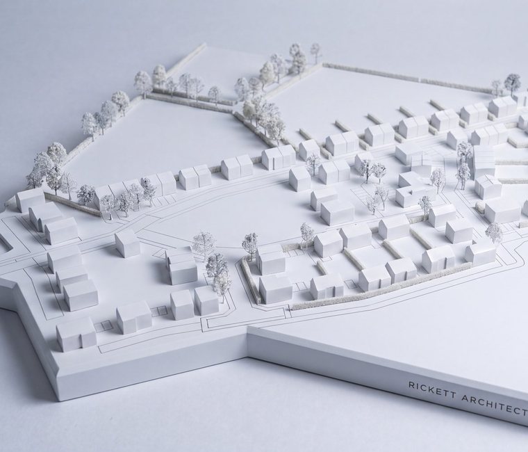 A white presentation model of the tested layout at Frog Lane, Balsall Common, by Rickett Architects