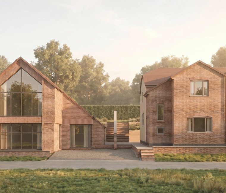 The consented house at The Woods, Napton-on-the-Hill: a red brick house with a steep roof, by Rickett Architects