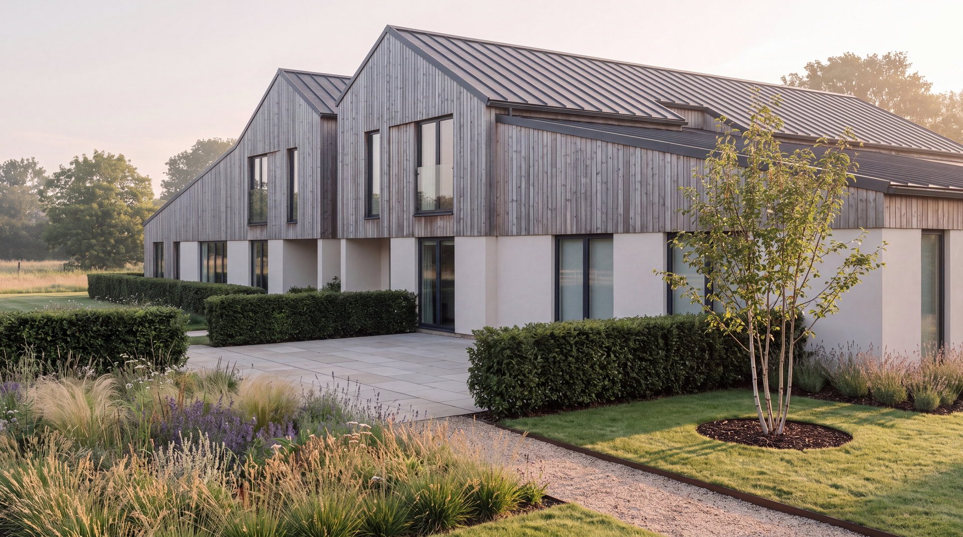 Visualisation of the consented conversion seen close to: the two gables clad in silver grey vertical larch with a dark standing seam metal roof, tall rectangular windows with flush juliette balconies, off white render panels between full height glazed openings at ground floor, a pale stone terrace and clipped hedges
