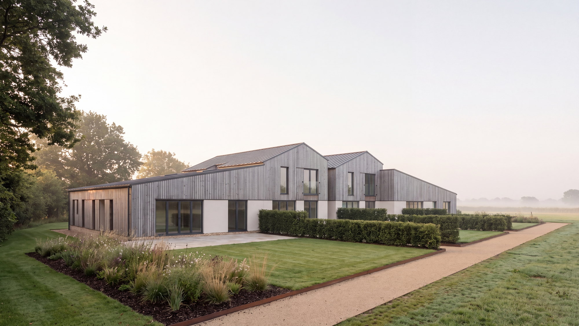 Visualisation of the consented conversion of a South Warwickshire fertiliser barn on a misty morning: a long low range clad in silver grey vertical larch with two gables and a dark standing seam metal roof, off white render panels between full height glazed openings at ground floor, private gardens along the near side divided by clipped hedges, and mature trees at the left