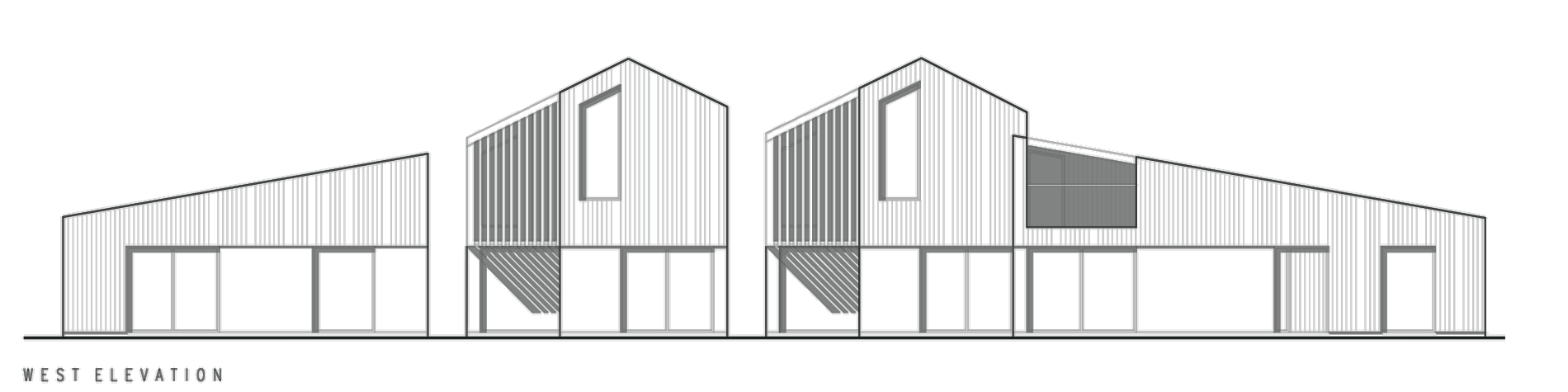 Architect's drawing of the garden elevation as consented under permitted development: a long low range with two gables, windows cut with sloping angled heads, vertical louvred screens beside them, recessed balconies at first floor under each gable, and a canted dark panel at the right hand end