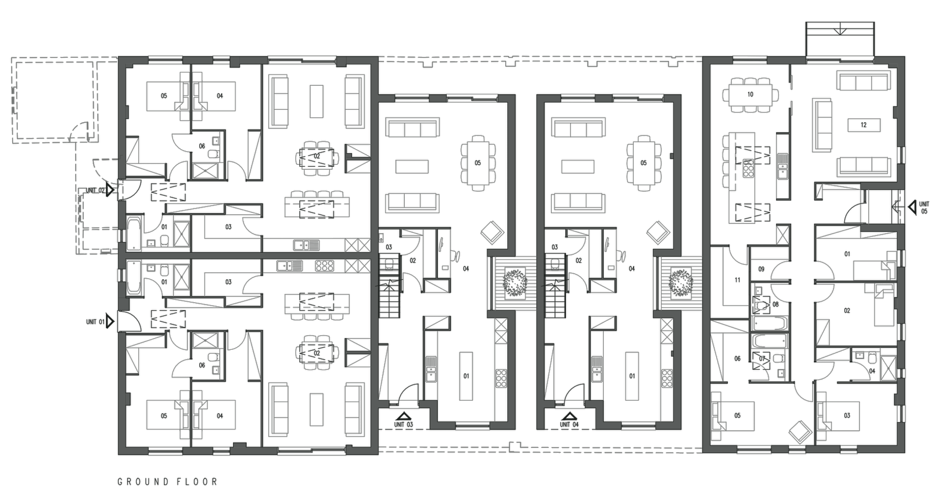 Architect's consented ground floor plan of the barn conversion: five homes set out along the length of the range and numbered one to five, two smaller units at one end and three larger ones beyond, each with its own entrance, two courtyards cut into the depth of the plan to light the middle, the existing walls drawn as solid grey and the original barn envelope shown as a dashed line