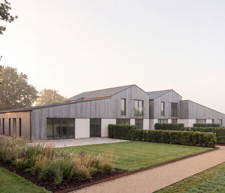 Visualisation of the consented conversion of a South Warwickshire fertiliser barn into five homes, by Rickett Architects
