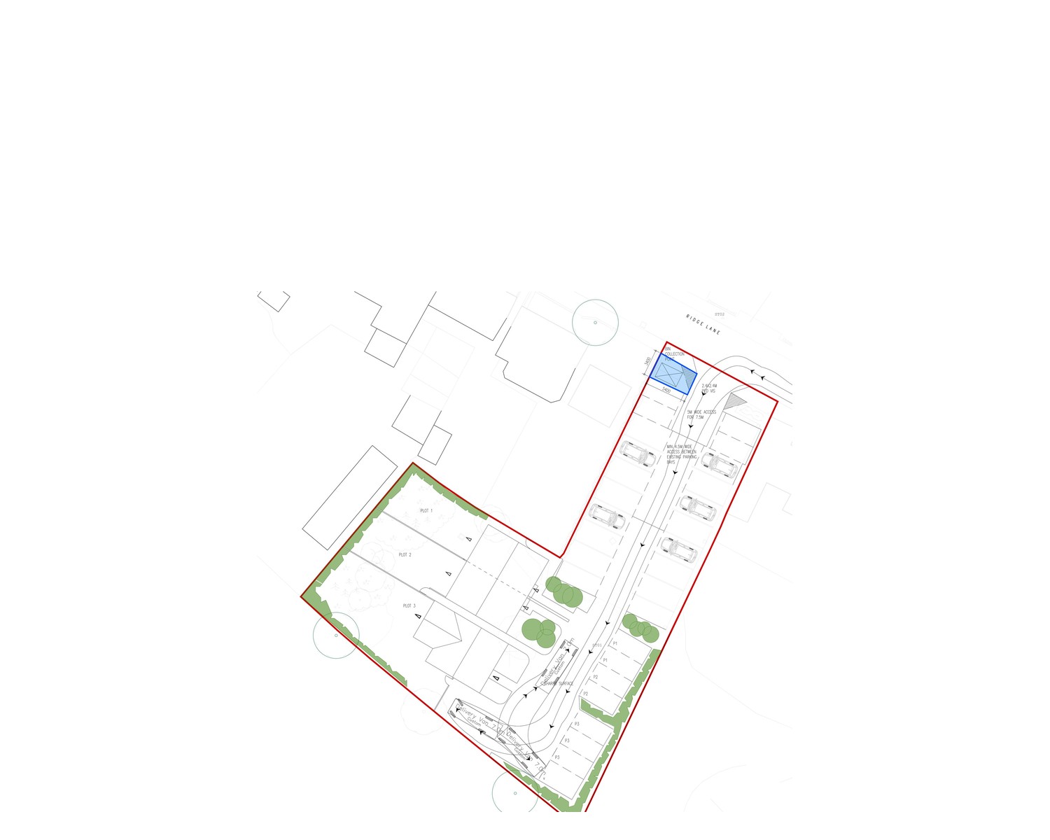 The consented site plan at the White Hart, Oldbury: three plots on land beside the pub, with the red site boundary and the access onto Ridge Lane.