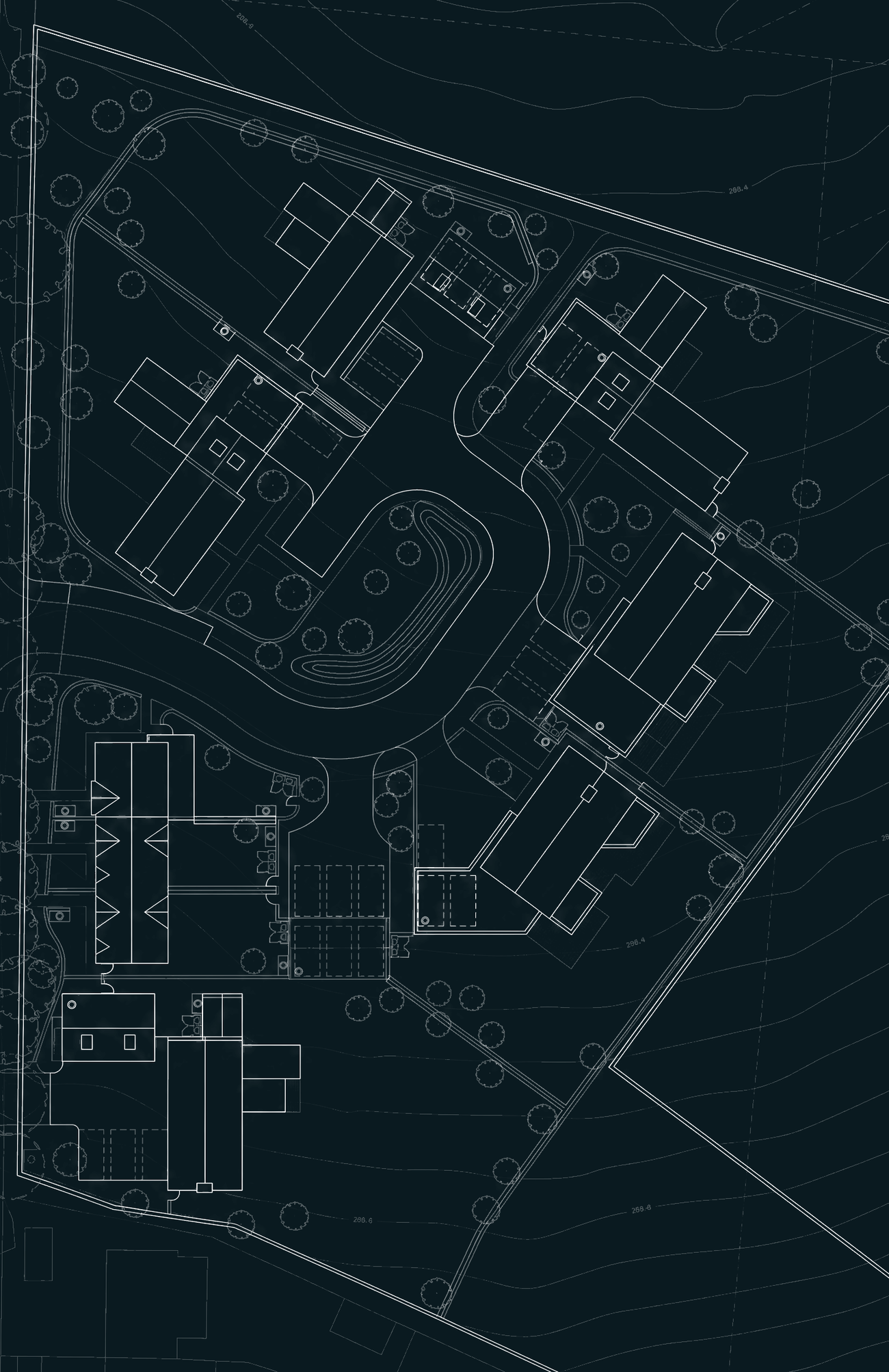Site plan drawing of the nine home scheme at Oakridge Lynch, Stroud, drawn by Rickett Architects and allowed at appeal in the Cotswolds National Landscape.
