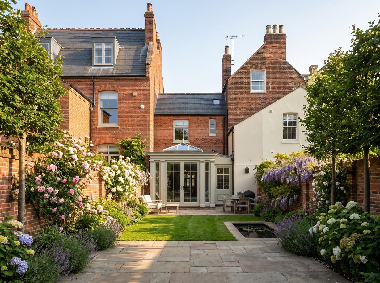 The rear of a Grade II listed Regency terrace in Leamington Spa, with a classical timber orangery opening onto a walled garden, by Rickett Architects