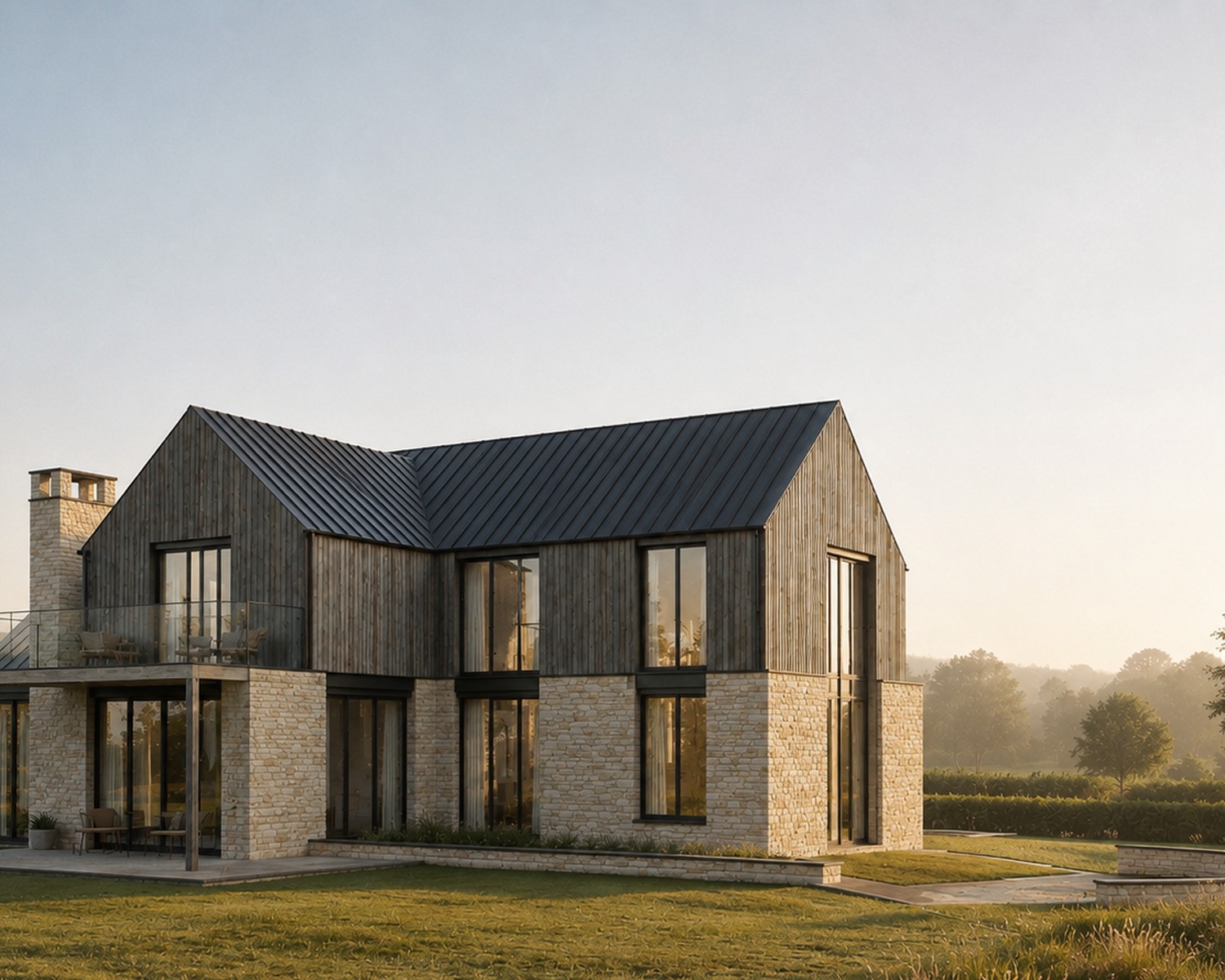 A contemporary home at Timbercombe Lane, Charlton Kings, in Cotswold stone with vertical timber cladding and a standing-seam zinc roof, set in wildflower meadow.