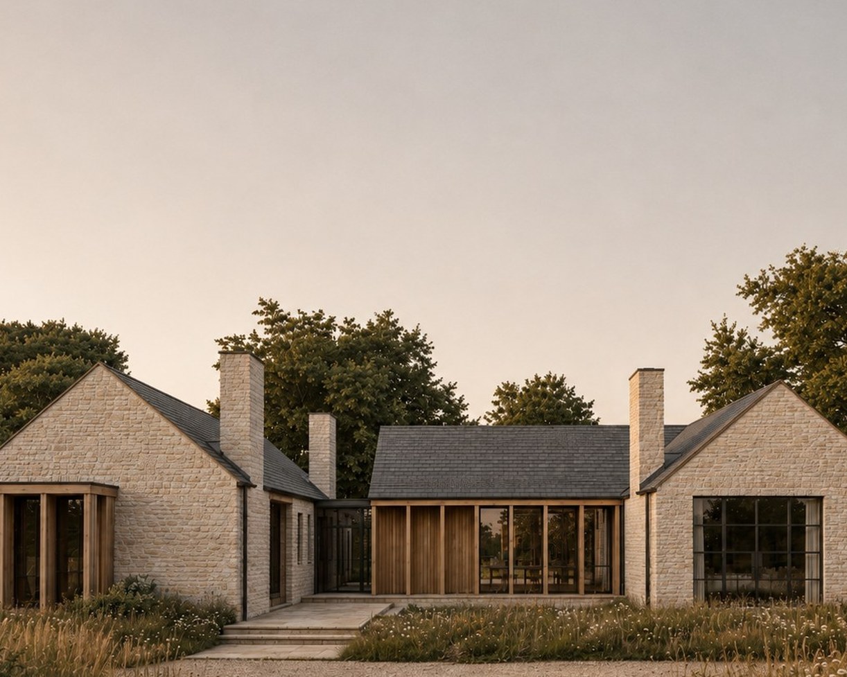 Visualisation of the consented house at Hatton: a single storey stone house with two gable ends and a lower glazed link between them, standing in a wildflower meadow.