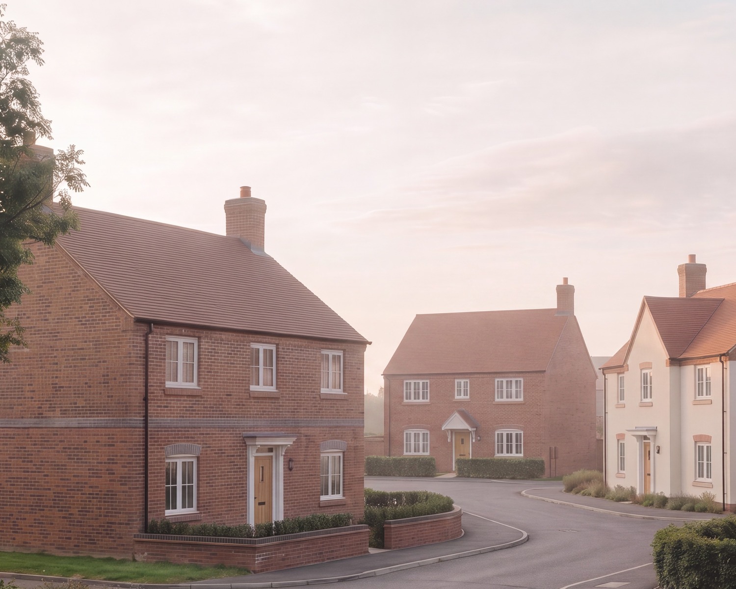 Indicative visualisation of the consented scheme at Marsh Road, Little Kimble: brick and rendered houses with clay tiled roofs around a village street. The application was made in outline with all matters reserved, so the layout shown is illustrative.