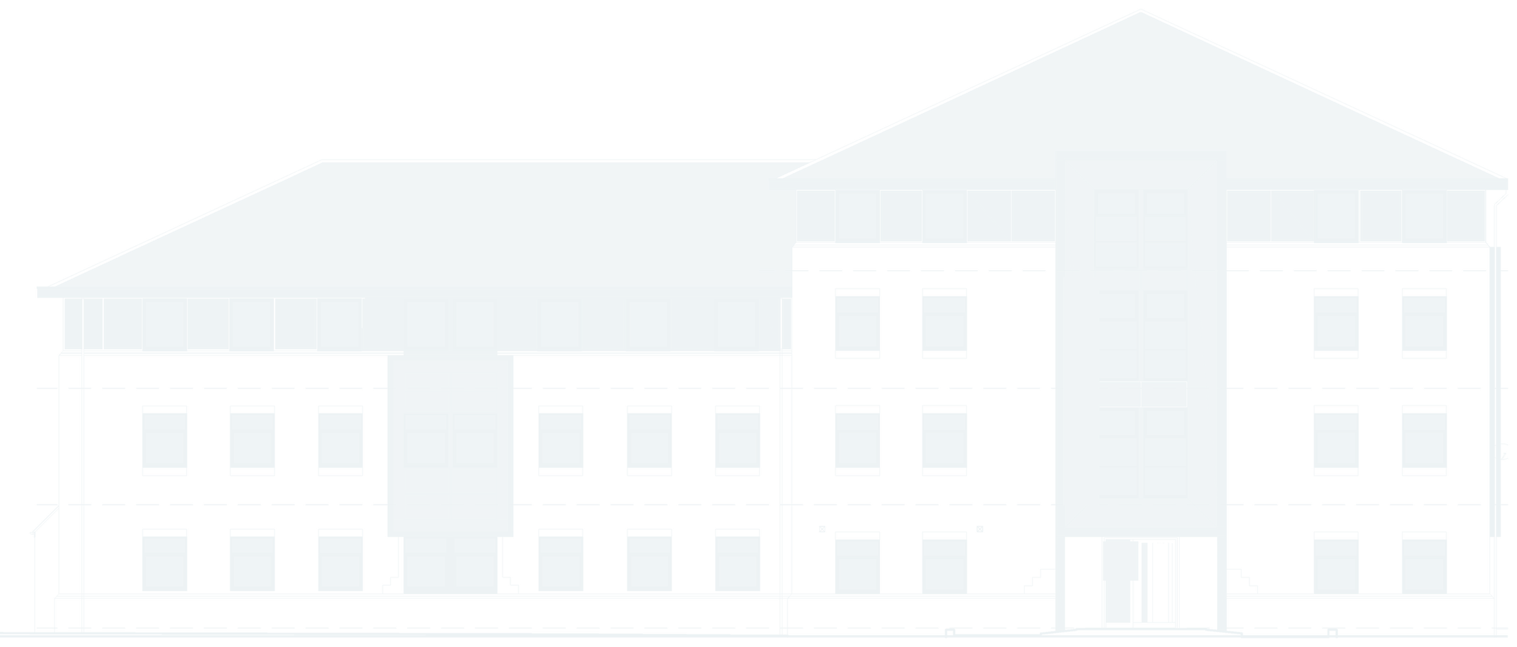 Rickett Architects proposed elevation of the South Block to Wagon Lane at Sheldon Court, Birmingham, drawn as pale linework: a long three-storey brick frontage under a retained hipped roof, with a band of ribbon glazing to the top floor and a tall projecting entrance feature bay.