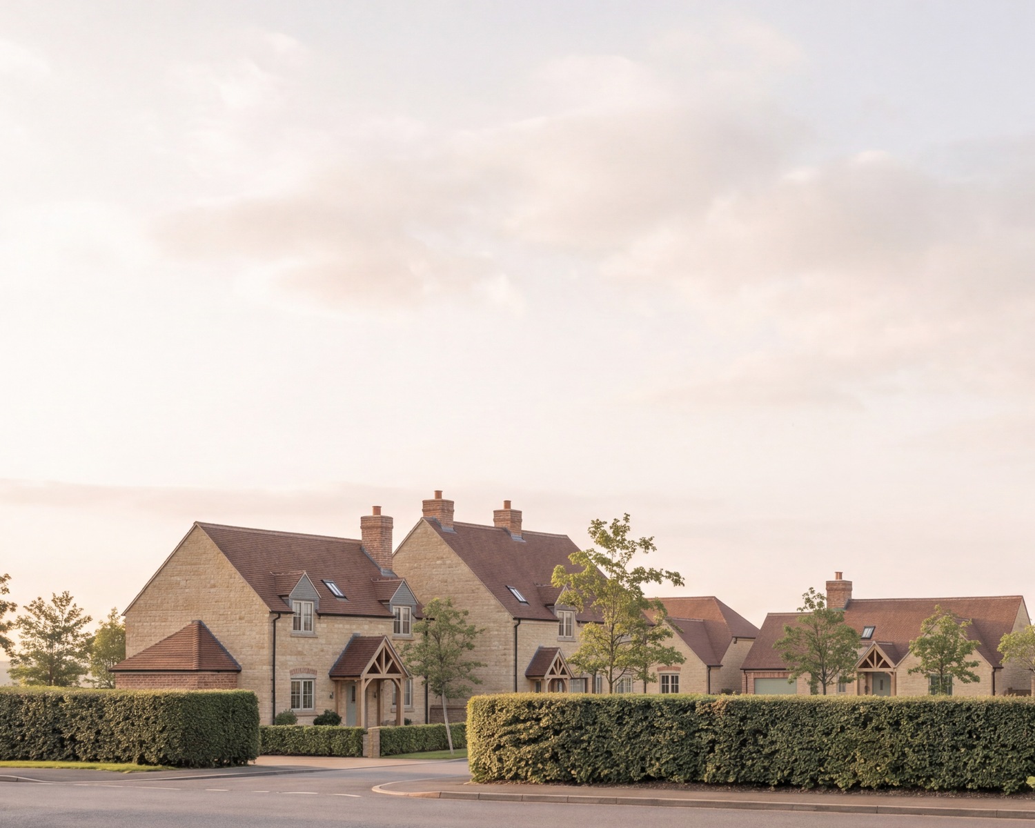 Visualisation of the proposed scheme at Butlers Marston: stone and brick houses with clay tiled roofs, set back behind the retained roadside hedge on Pillerton Road. Nothing is built.