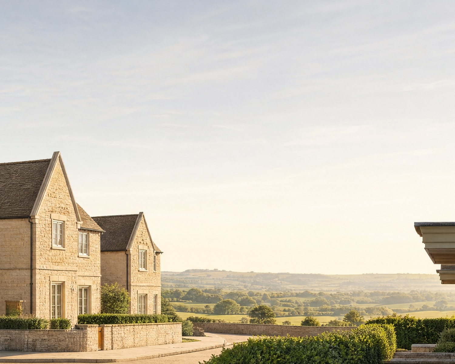 Visualisation of Jubilee Gardens, Chipping Campden: Cotswold stone houses with stone slate roofs and gabled fronts along a curving street, with the valley beyond.
