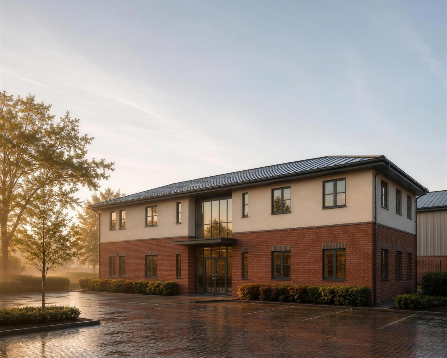 Visualisation of the consented office at Avonbury Business Park, Bicester: a two-storey building in red brick below and render above, with dark window frames and a shallow hipped roof, seen across the parking court at sunrise.