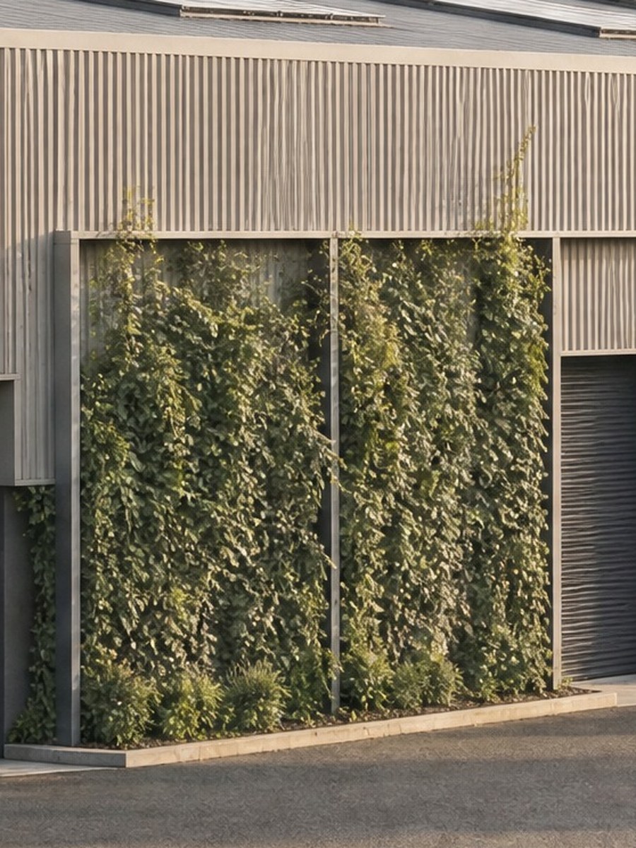 Visualisation of the consented frontage seen closer in: a roller-shutter loading door in a dark recess beside a full-height bay of dense planting held in a slim frame, with pale vertical profiled cladding above
