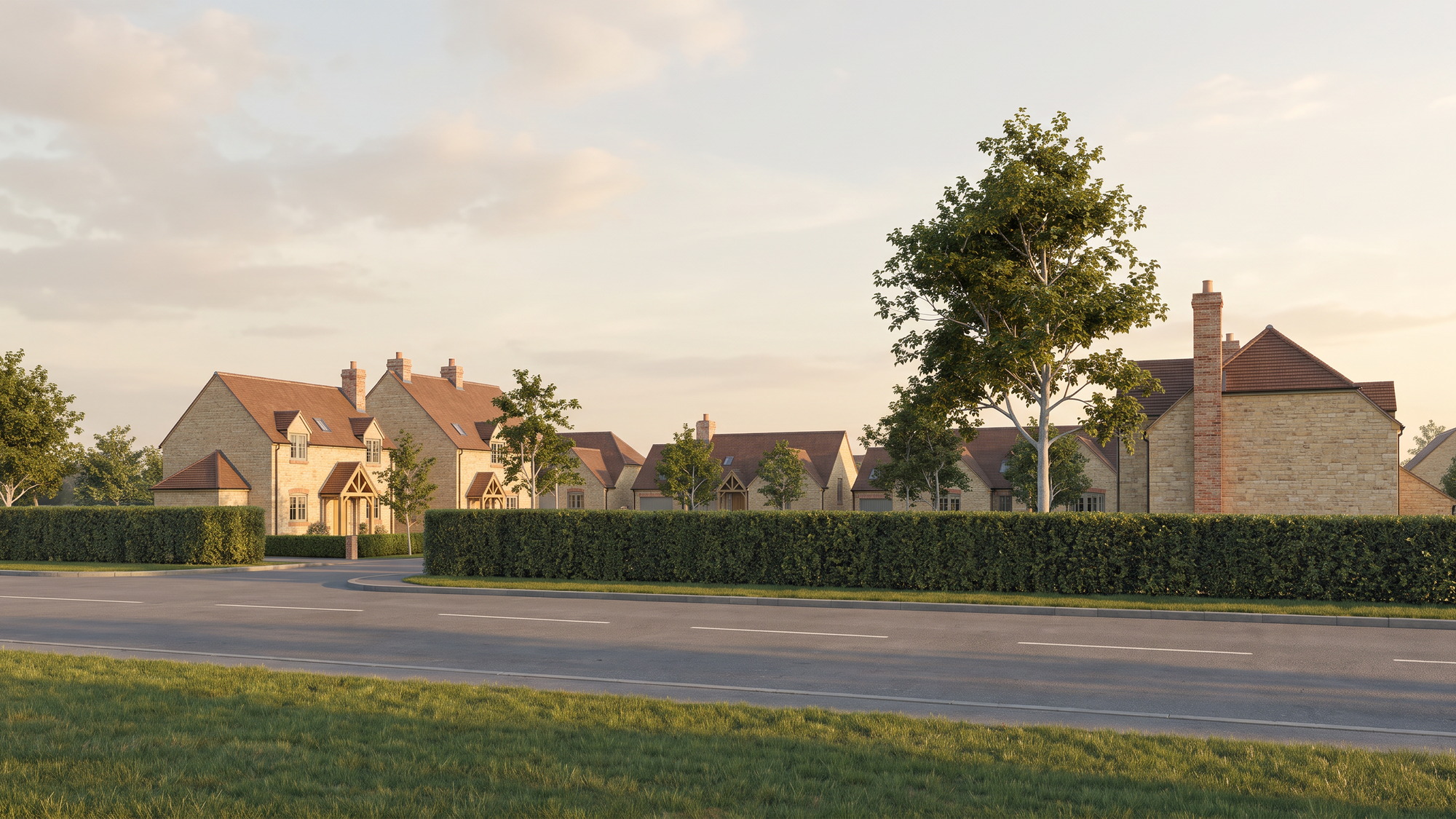 Visualisation of the proposed houses on the former school field at Butlers Marston, seen from Pillerton Road in soft early morning light: a pair of one and a half storey houses in warm honey coursed limestone with gabled dormers, oak framed porches, brown clay tile roofs and red brick chimneys, single storey homes continuing to the right, all set behind a clipped native hedge along the roadside