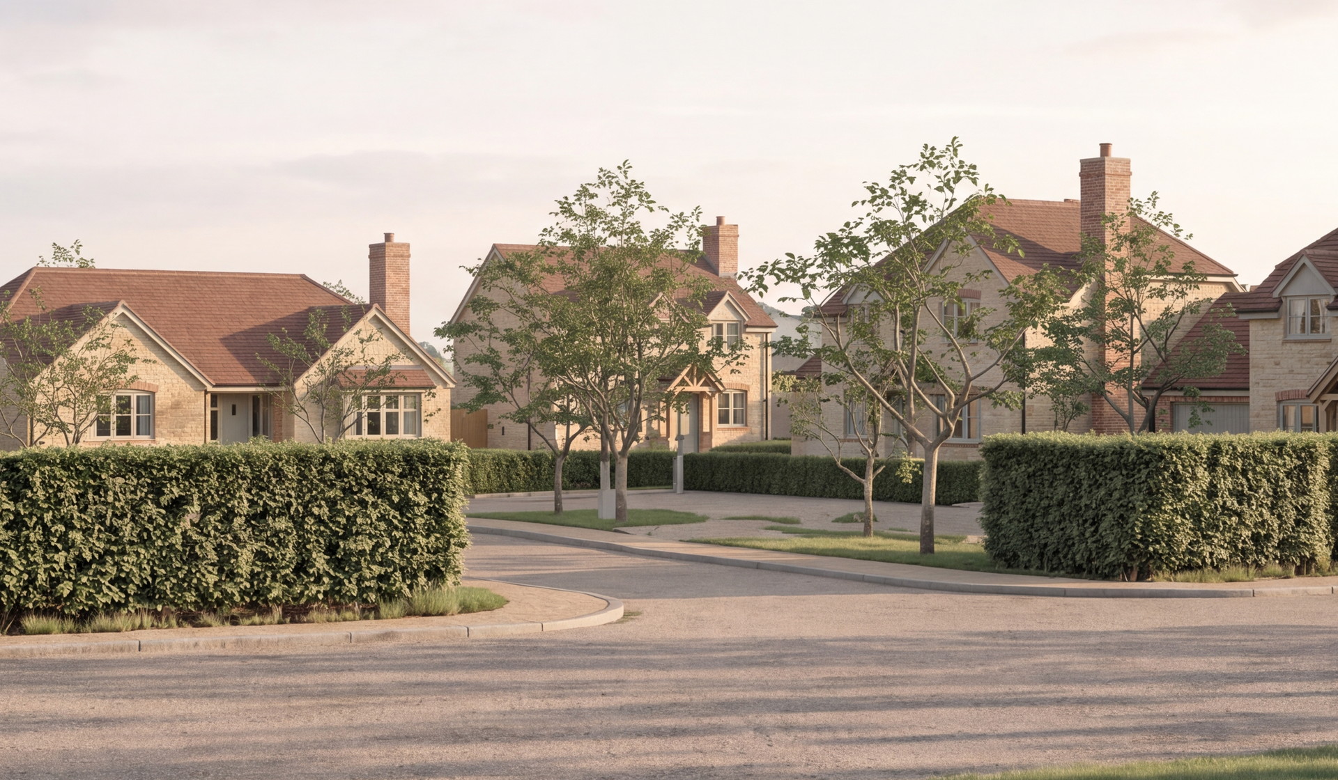 Visualisation of the proposed scheme seen along the road: single storey homes in warm honey limestone with hipped brown clay tile roofs and red brick chimneys at the left, the shared street opening into the site at the centre, and taller one and a half storey houses to the right, all behind clipped native hedges with young trees inside the site