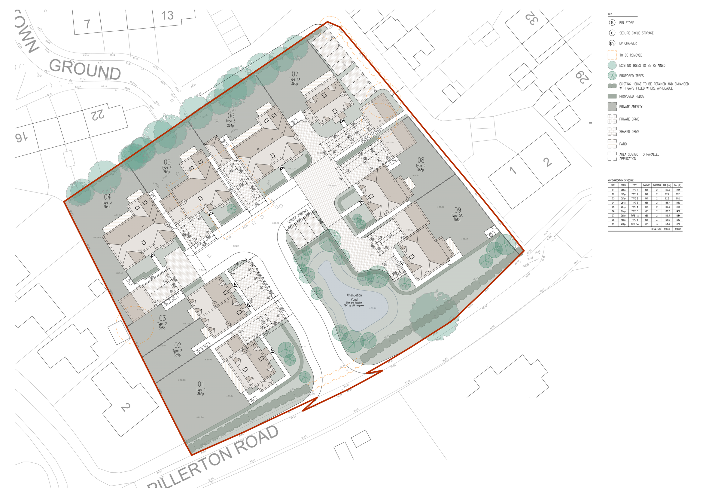 Architect's proposed site layout for the former school field at Butlers Marston: nine plots numbered 01 to 09 around a central shared street taken off Pillerton Road to the south, three single storey homes along the northern boundary under a retained tree line, seven parking bays intended for Parish use in the north eastern corner beside a footpath, visitor parking at the centre, and an attenuation pond in the south eastern corner