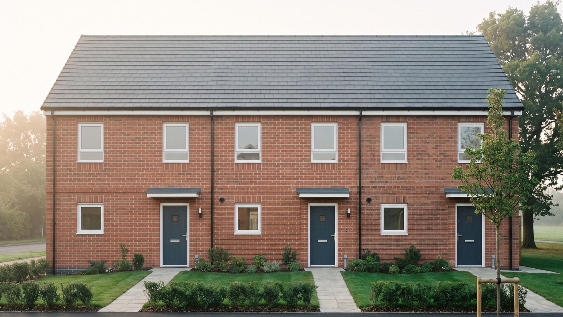 Visualisation of the consented scheme at Hopwood, Bromsgrove: a terrace of three two storey homes in red multi brick with contrasting brick detailing, brick soldier lintels over the openings, white windows, dark blue front doors under slim canopies and a slate grey interlocking tiled roof, with clipped hedges, lawns and paved paths to each front door and a young tree at the right
