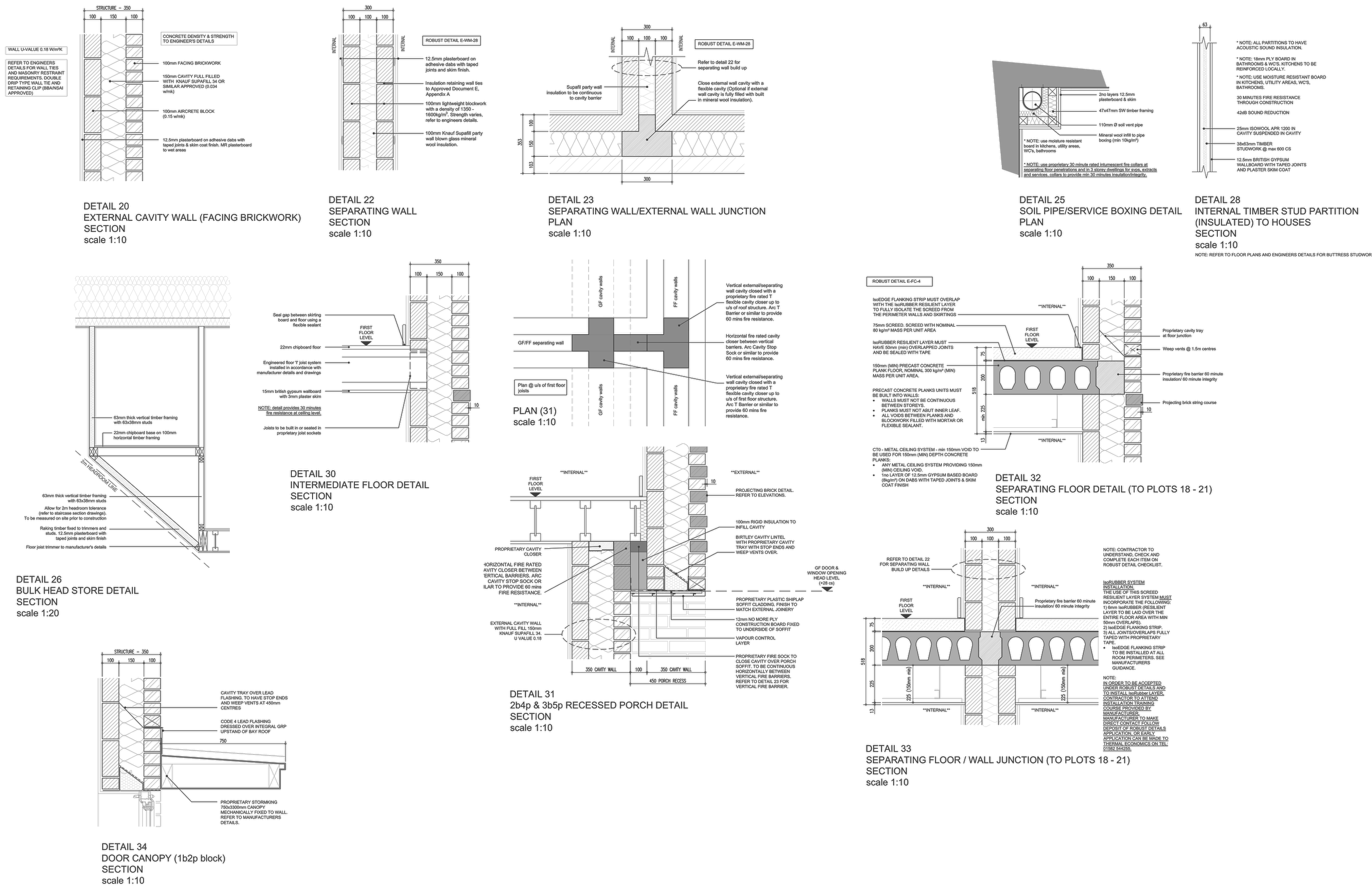 Architect's superstructure details sheet for Redditch Road, Hopwood: fourteen construction sections and plans at 1 to 10, including the external cavity wall build up, the separating wall and its junction with the external wall, an insulated timber stud partition, an intermediate floor, a recessed porch section and the separating floor detail for the maisonette block, each fully dimensioned and annotated